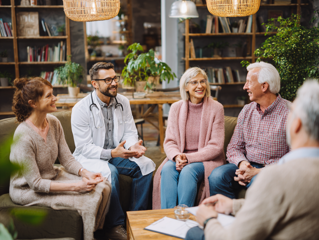 Люди різного віку займаються м'якими вправами на природі